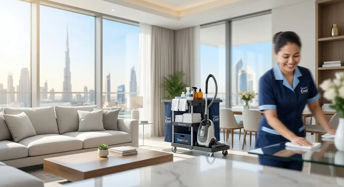 An immaculate, open-plan Dubai luxury apartment with polished marble floors, featuring a wide-angle, sunlit view of the city skyline including the Burj Khalifa.