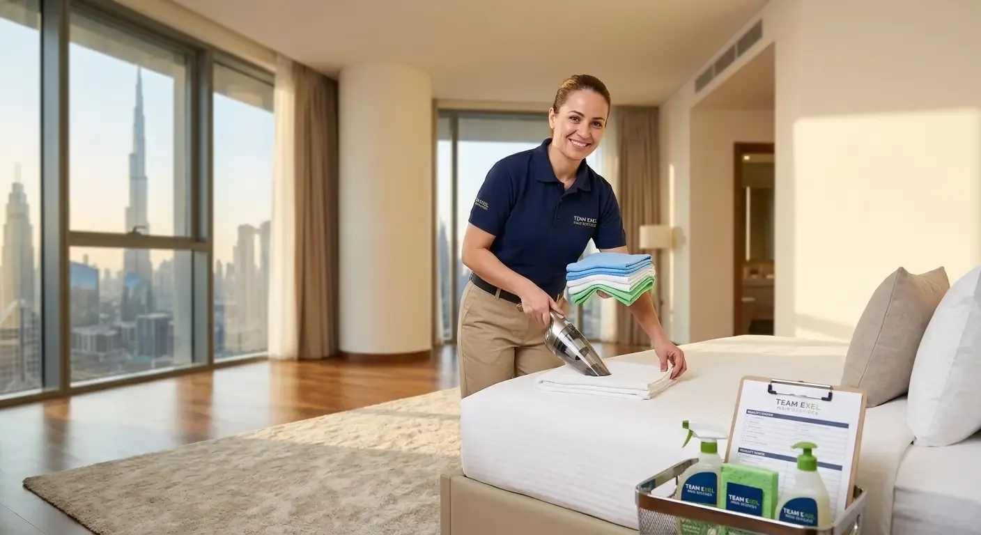 A smiling, professional maid in a branded Team Exel uniform holding cleaning supplies, delivering top-rated residential cleaning and housekeeping in Dubai.