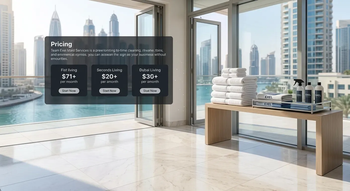 Luxury Dubai apartment interior overlooking the marina skyline, featuring pristine marble floors and organized cleaning supplies, symbolizing high-end maid services pricing in Dubai.
