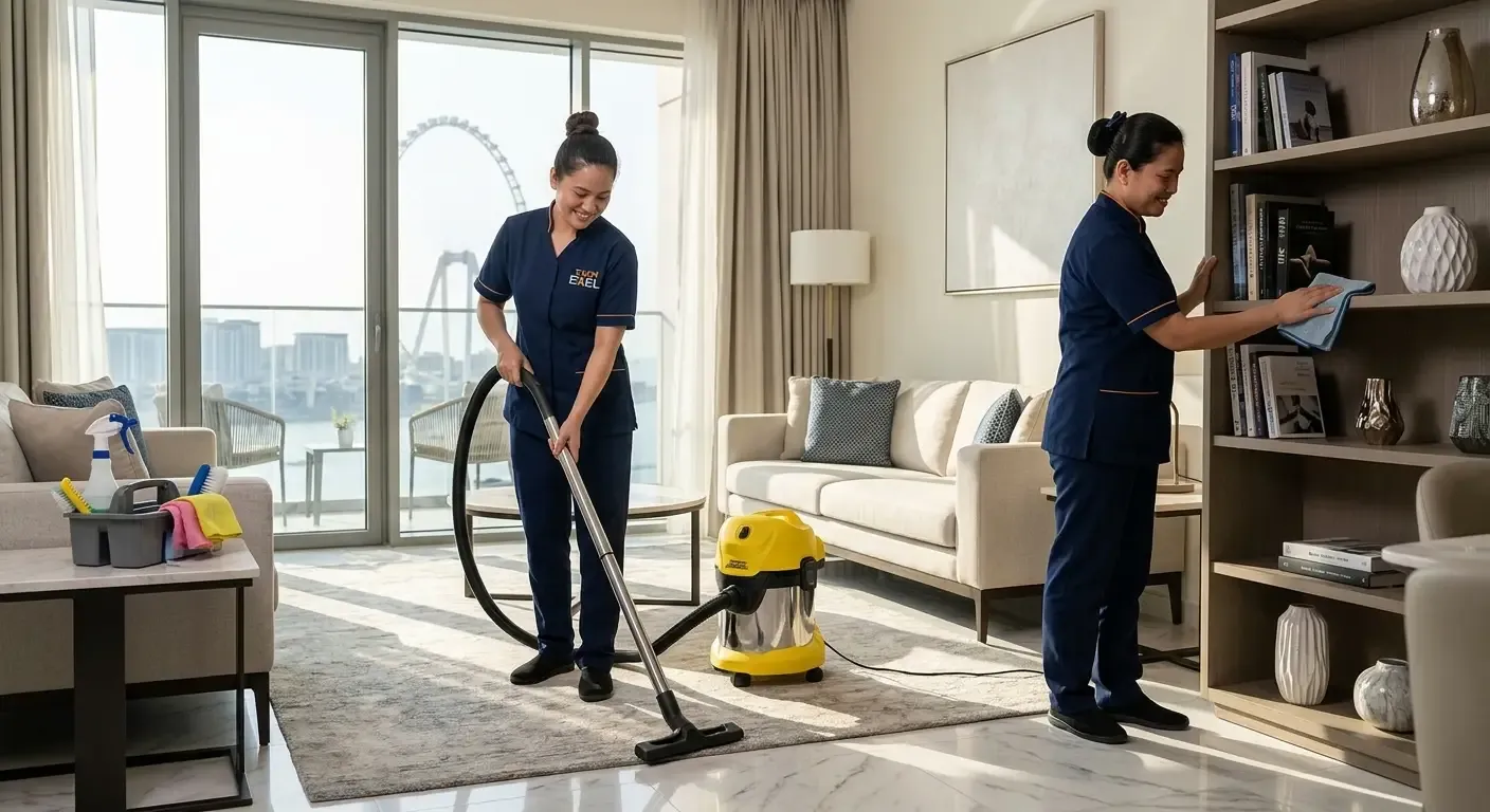 A professional Filipino maid from Team Exel Maid Services, wearing a navy blue uniform, is smiling and cleaning a modern Dubai residential living room with a microfiber cloth.
