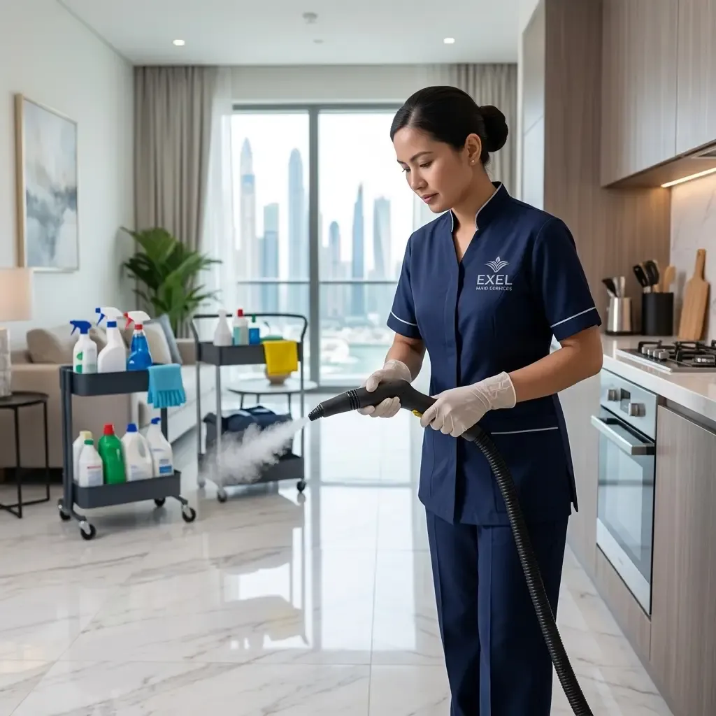A female professional from Team Exel Maid Services, wearing a neat navy blue uniform with a silver logo, steam cleans kitchen grout in a modern Dubai apartment with pristine marble