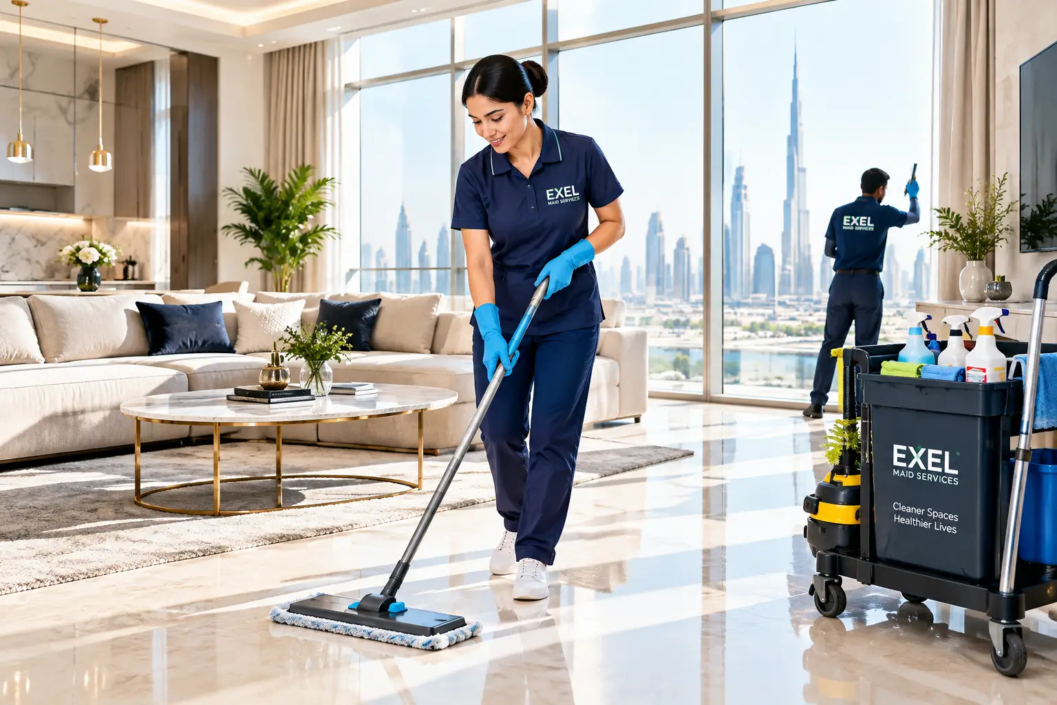 Professional deep cleaning services in a luxury Dubai apartment by Team Exel Maid Services