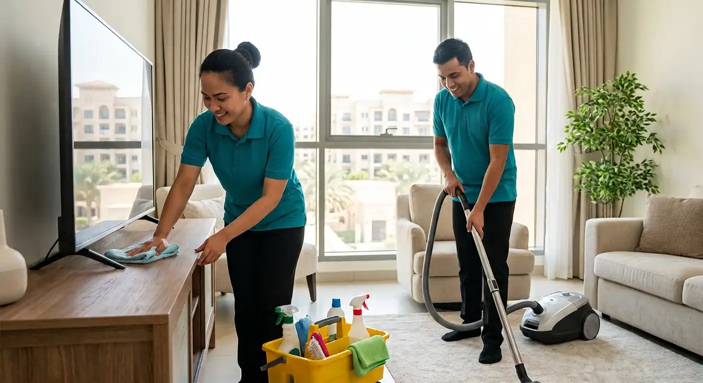Professional cleaner performing regular house cleaning service in a Dubai apartment