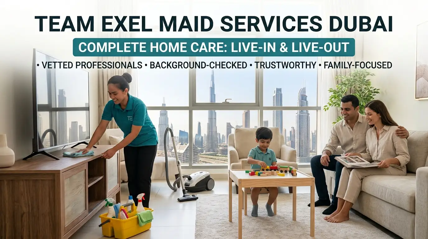 Professional maid organizing and tidying a family home in Dubai